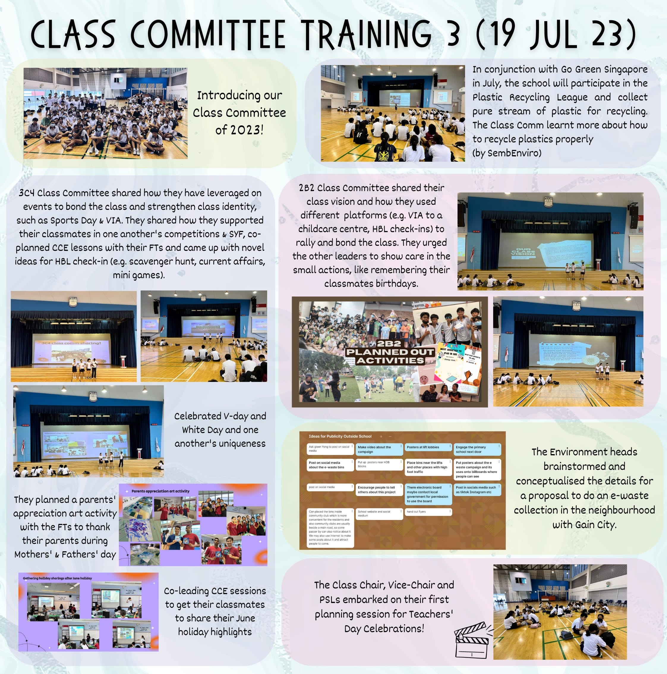 A school event flyer titled Class Committee Training 3 on 19 Jul 23, with photos of students in a gymnasium and text descriptions.